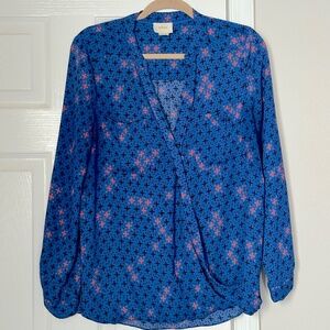 Maeve Anthropologie Eva Wrap Faux Wrap Top Pattern Blue Long Sleeve Size 8